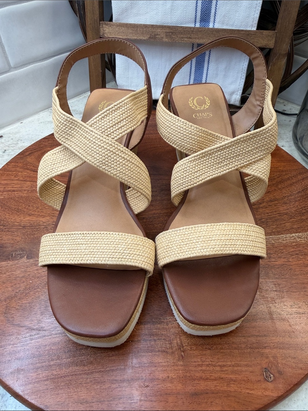 Chaps Beige and Brown Crisscross Woven Slingback Sandals